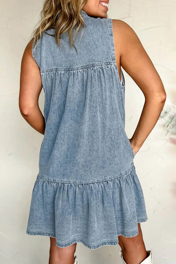 Washed Blue Denim Girly Pussy Bow Tiered Mini Dress