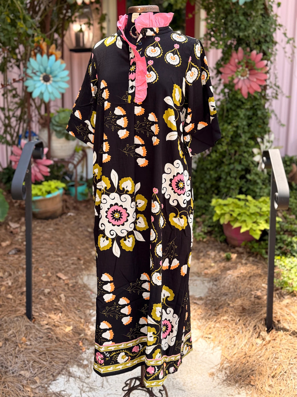Floral Print Ruffle Neck Midi Dress