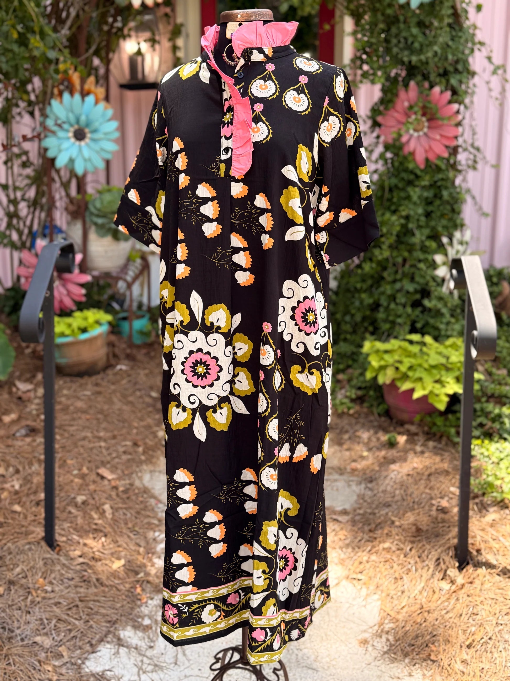 Floral Print Ruffle Neck Midi Dress
