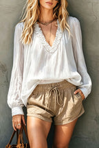 Ruffled V-Neck Puff Sleeves Blouse
