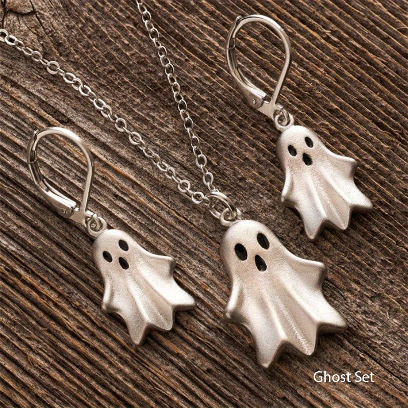 Ghost Pendant Necklace Earrings Set