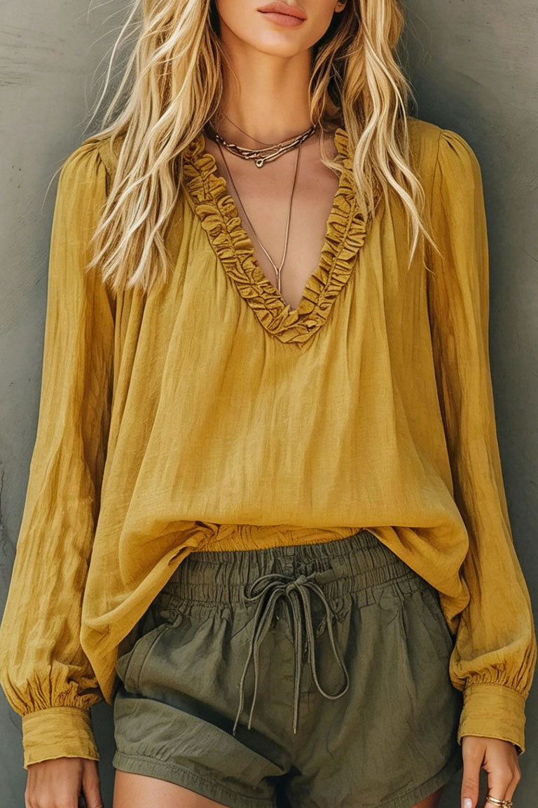 Ruffled V-Neck Puff Sleeves Blouse