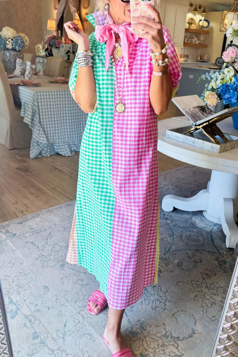 Causal Plaid Patchwork Maxi Dress