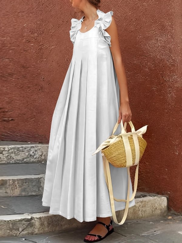 Boho Ruffle Sleeve Pleated Maxi Dress