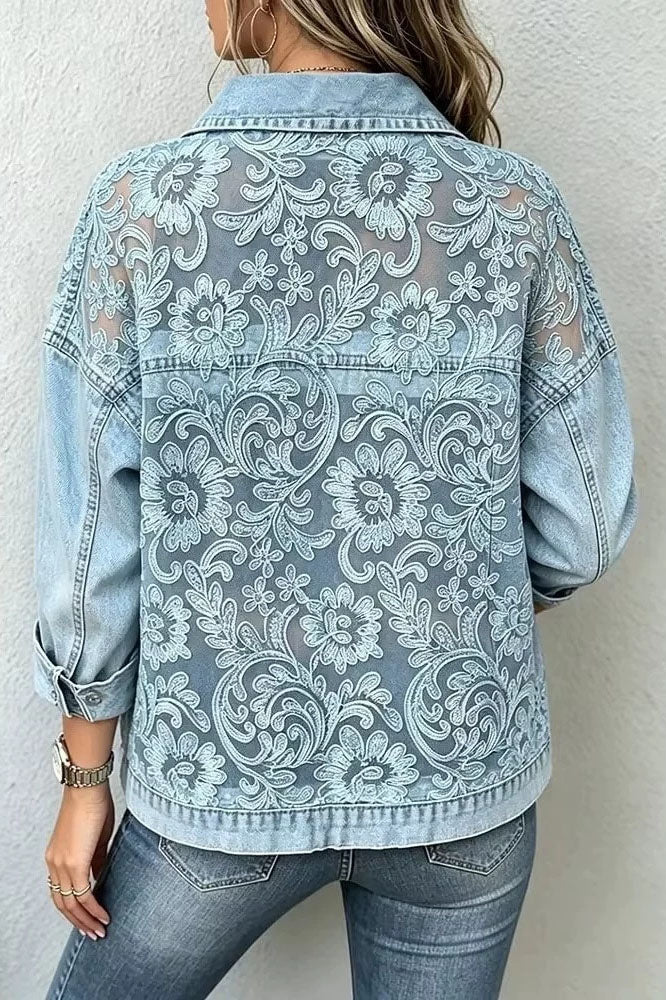 Floral Lace Panel Denim Jacket