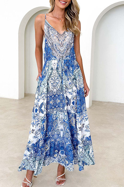 Boho Floral Print V-Neck Maxi Dress