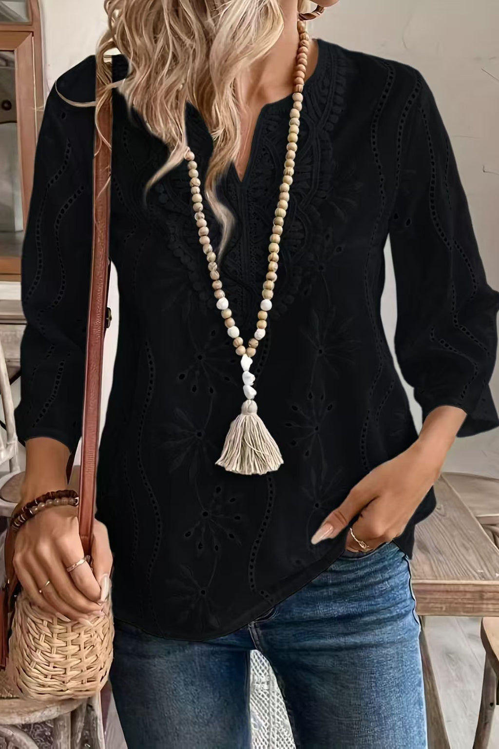 Eyelet Embroidery V-Neck Boho Blouse
