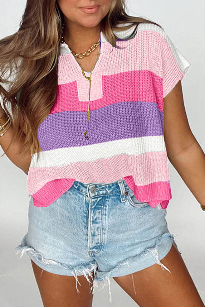 Striped Colorblock Short Sleeve Sweater