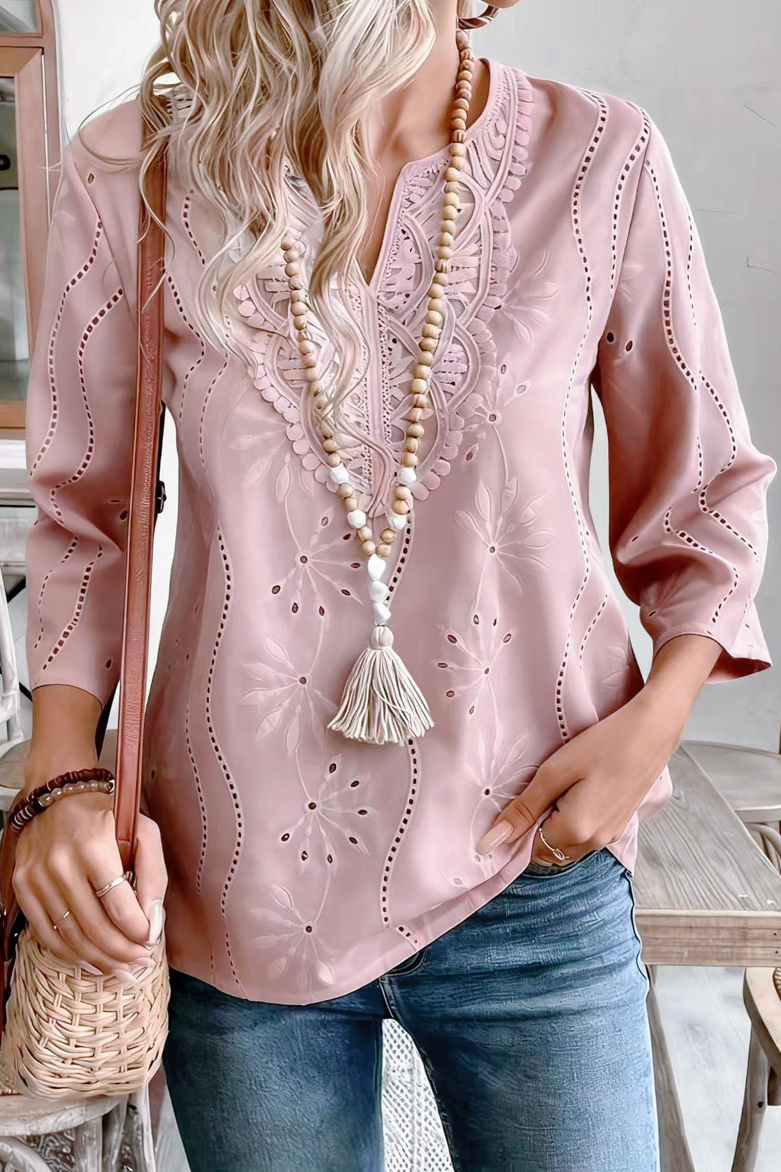 Eyelet Embroidery V-Neck Boho Blouse