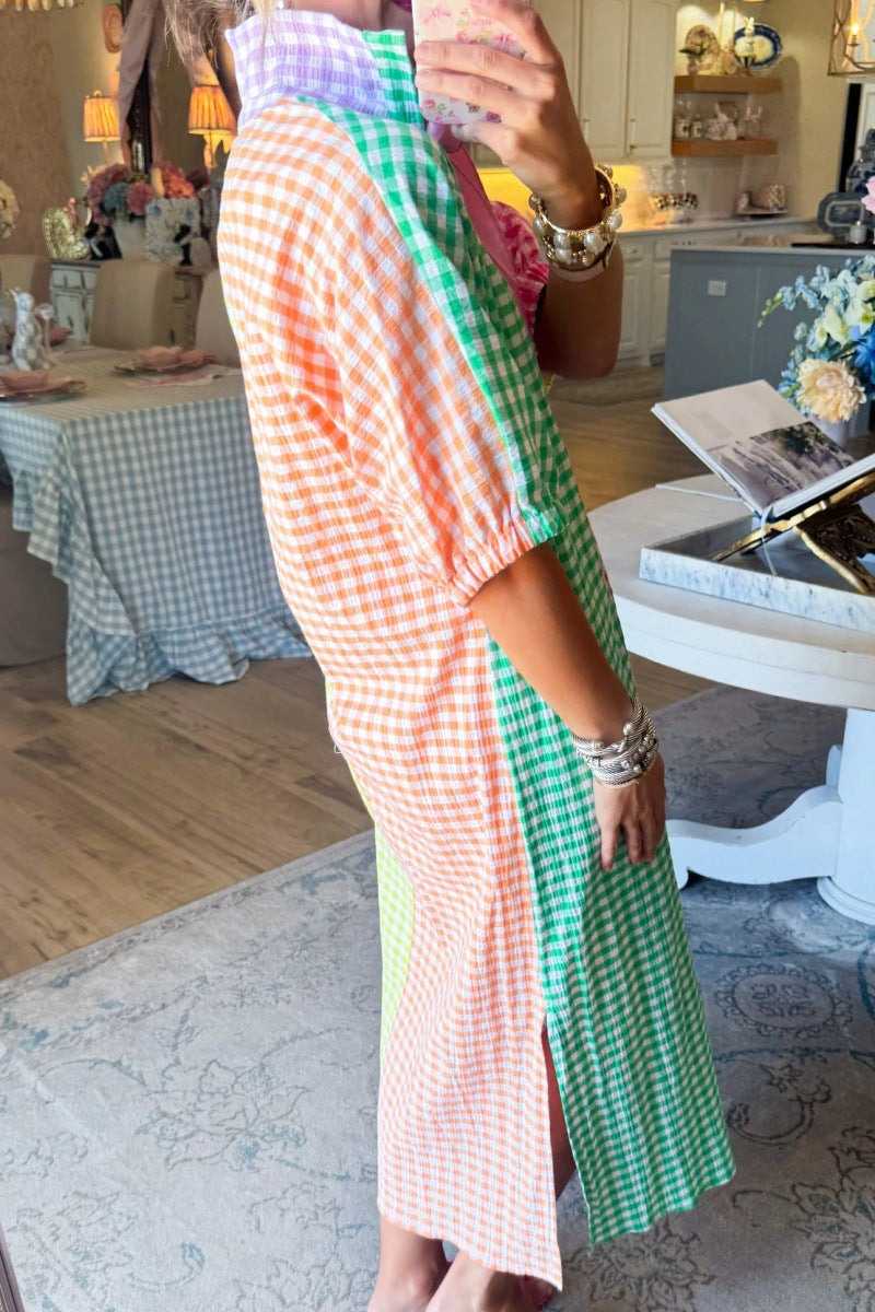 Causal Plaid Patchwork Maxi Dress