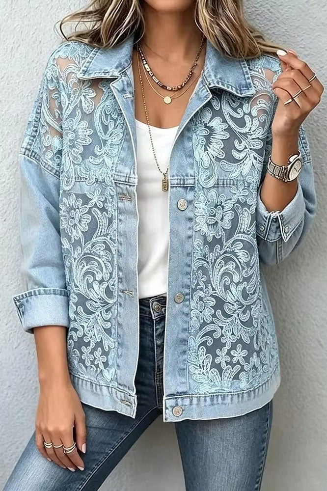 Floral Lace Panel Denim Jacket