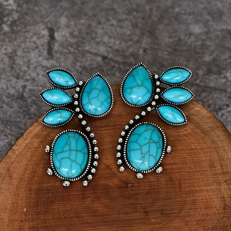 Vintage petal teardrop shaped turquoise inlaid earrings