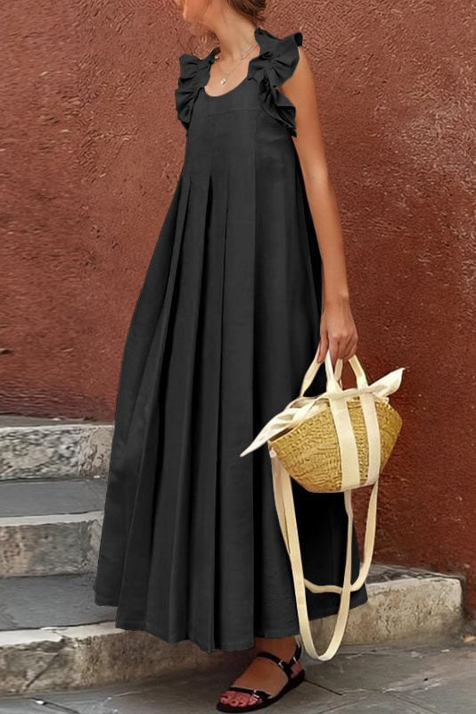 Boho Ruffle Sleeve Pleated Maxi Dress