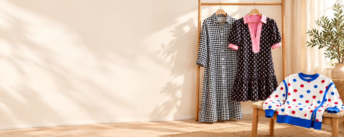 Gingham and floral dresses with a colorful polka dot sweatshirt in a warm wardrobe setting