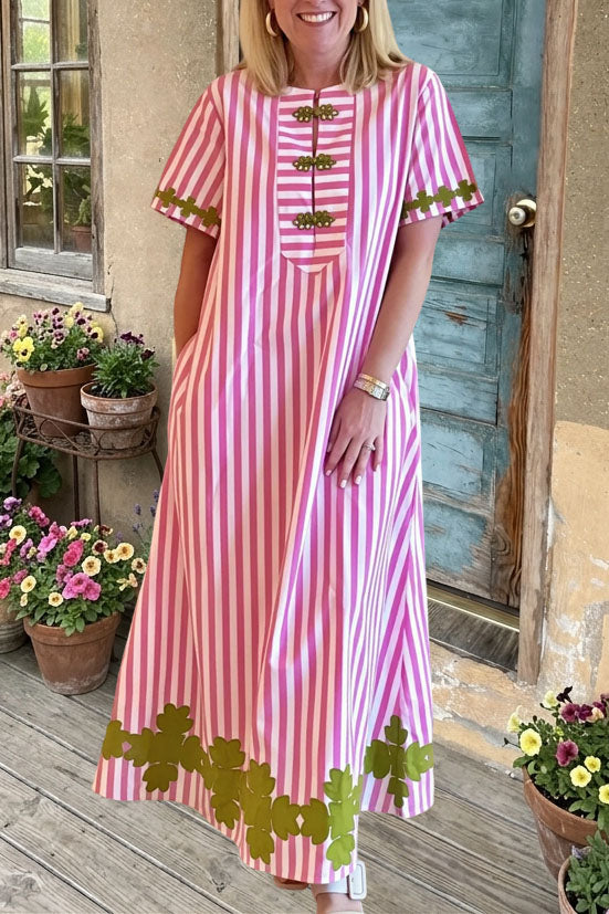 Striped Embroidered Hem Maxi Dress