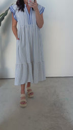Striped Flutter Sleeve Tiered Midi Dress