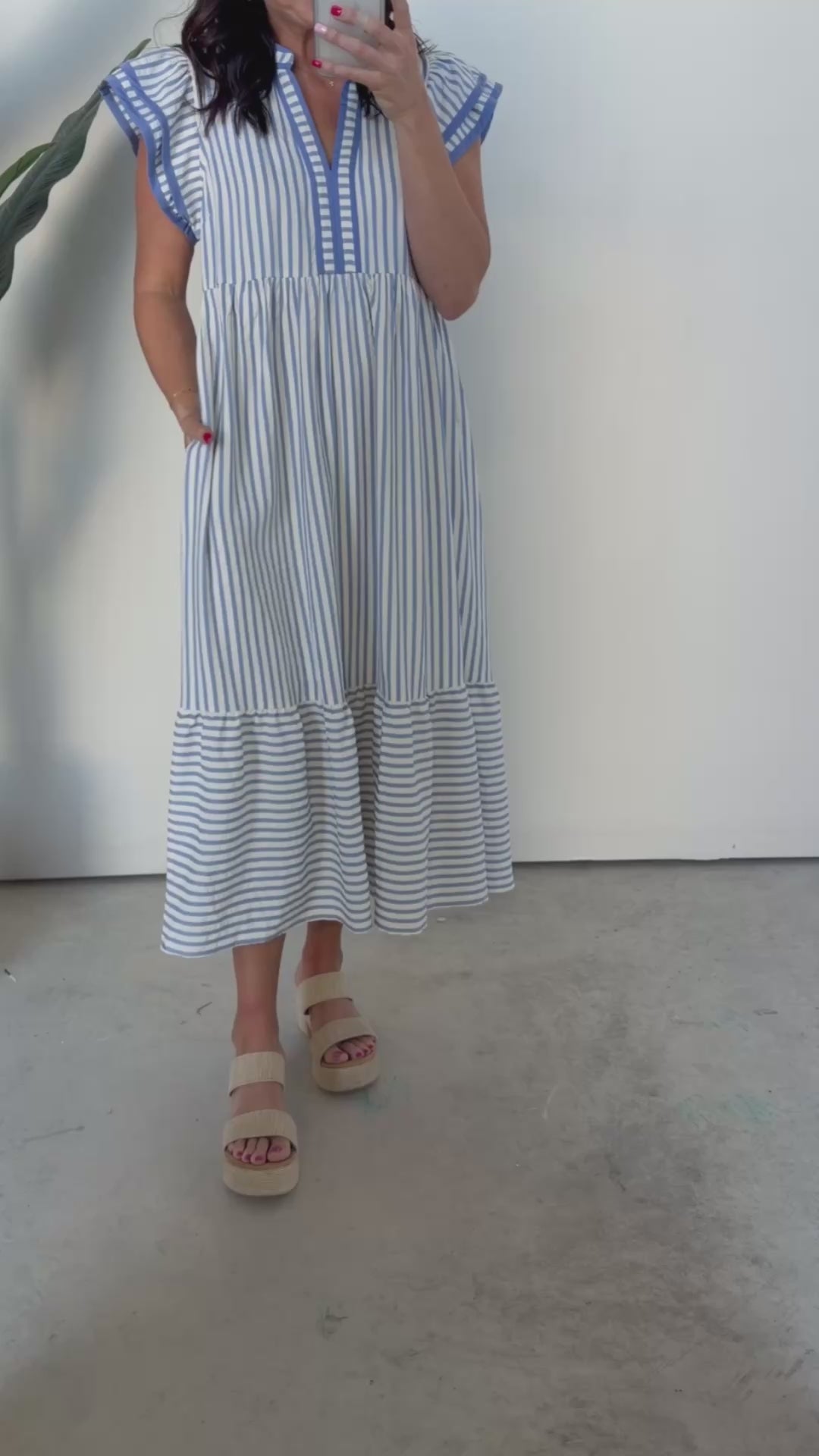 Striped Flutter Sleeve Tiered Midi Dress