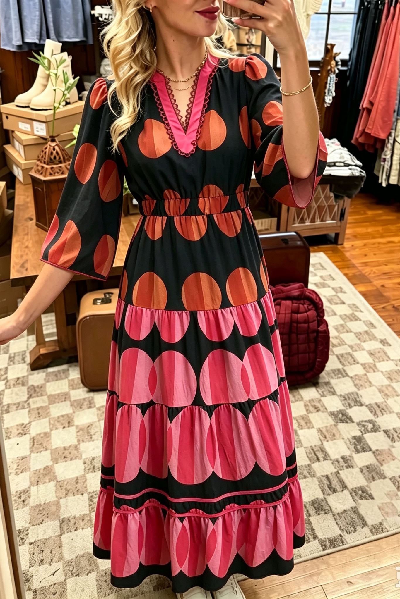 Polka Dot Tiered V-Neck Midi Dress