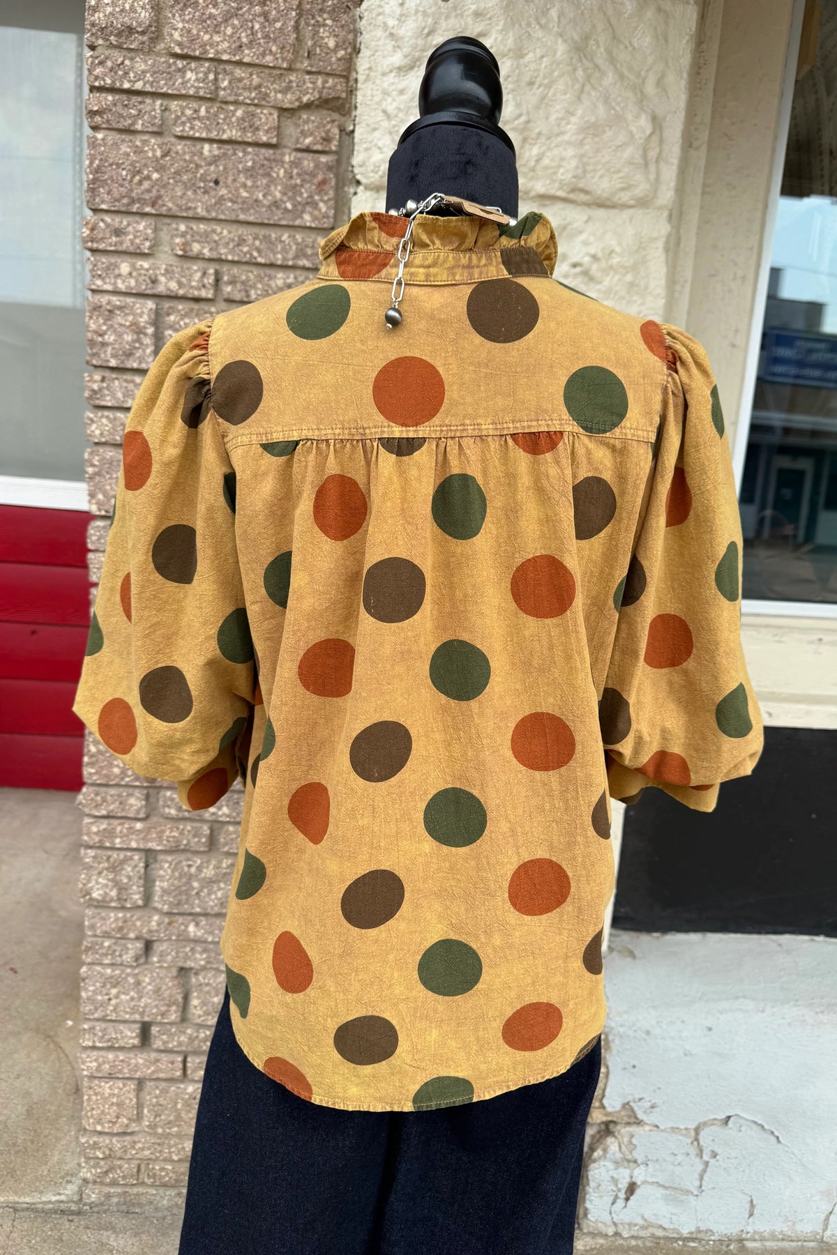 Polka Dot Puff Sleeve V Neck Blouse